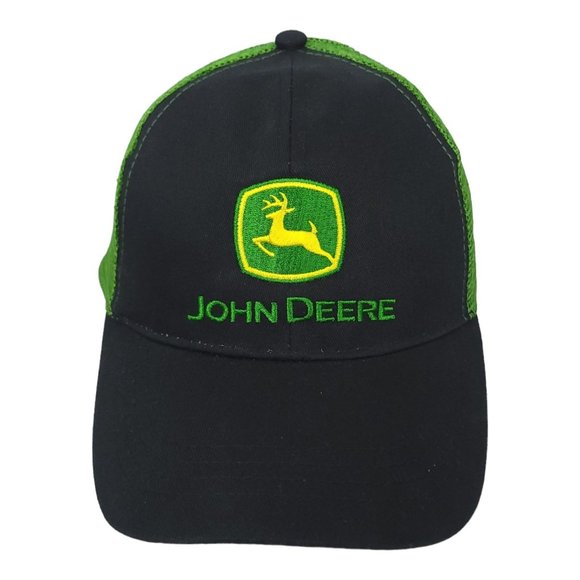 John Deere Mesh Patch Logo Strapback Cap Trucker Baseball Hat Black Green - Picture 1 of 13